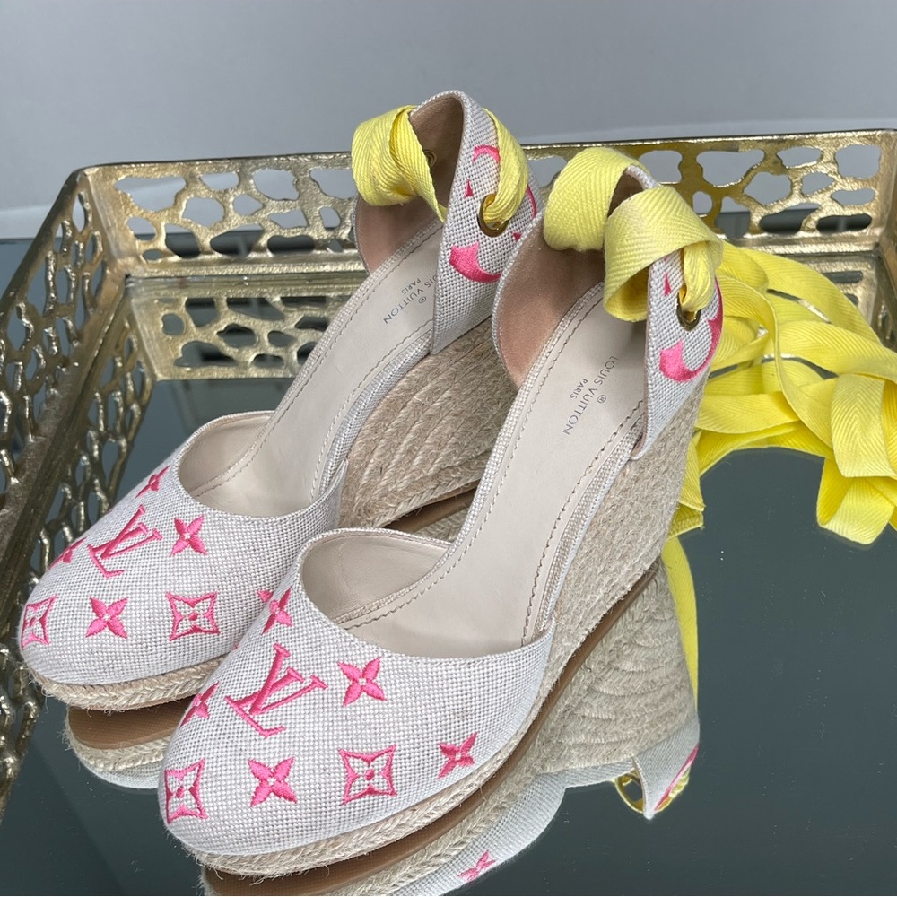 LOUIS VUITTON Canvas Monogram Starboard Wedge Espadrilles 39 Rose Pop.